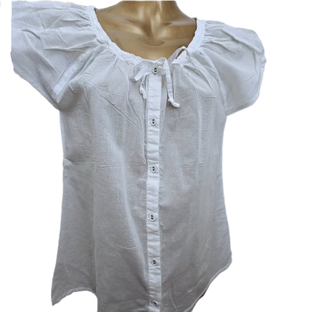 LUCY Button Up Semi Sheer Blouse Drawstring Neck size S